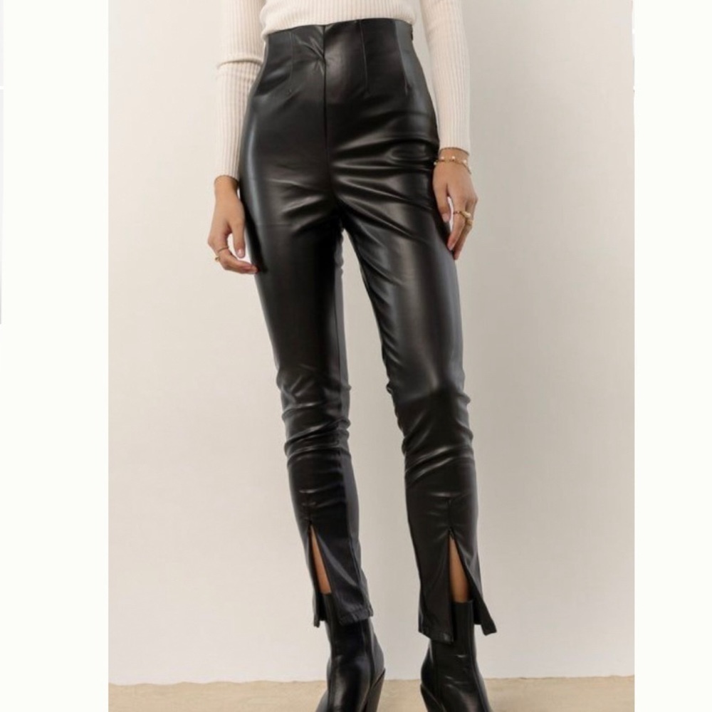 Current Air Split‎ Hem Black Faux Leather Leggings size Large High Waisted